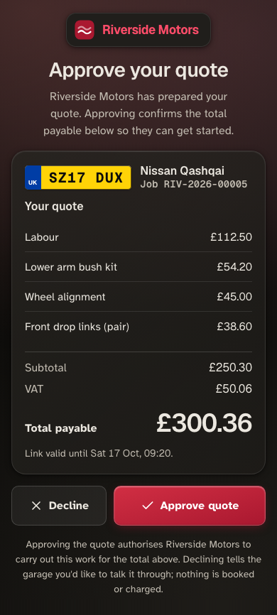The customer's quote page from the text link: each line of work, the total, and Approve or Decline.