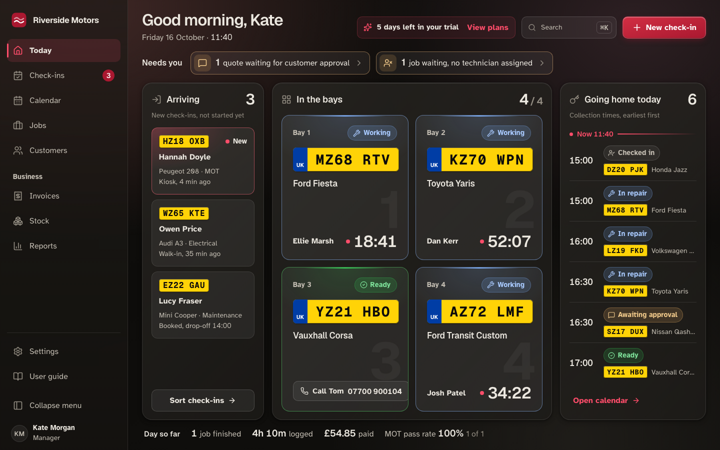 The GarageTree Today screen for a demo garage: cars arriving, four bays with who is working and their timers, and today's collection times.
