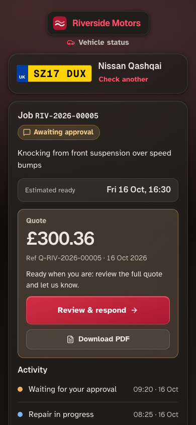 The customer's status page on a phone: the car, the job's status, when it will be ready and the quote to review.