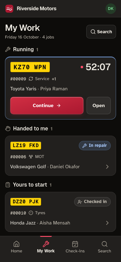 A mechanic's My Work screen on a phone: the running job with its timer and a big Continue button.
