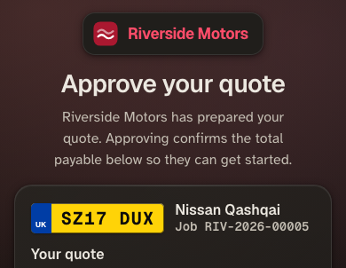 A customer's status page carrying the garage's own name and logo.