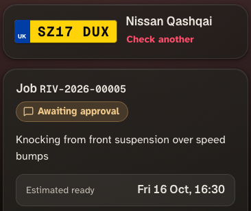 The top of the customer's status page: the car, the job's status and when it will be ready.